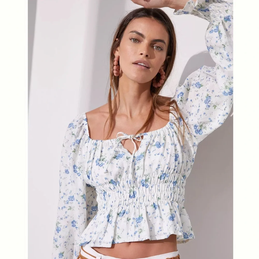 Revolve Faithfull the Brand Long Sleeve Smocked Gillian Top Blue Astoria Floral